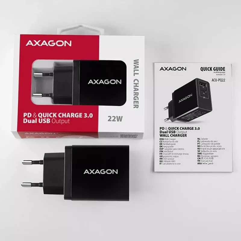 Carregador Axagon ACU-PQ22 para dispositivos móveis Telemóvel, power bank, smartphone, smartwatch, tablet, universal Preto AC carregamento rápido interior