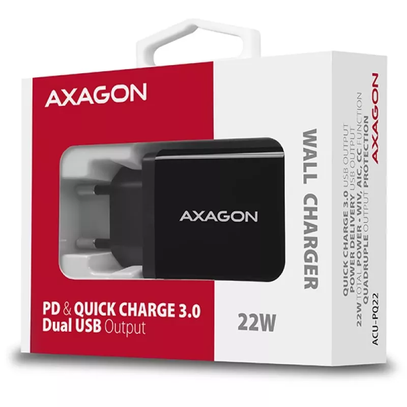 Carregador Axagon ACU-PQ22 para dispositivos móveis Telemóvel, power bank, smartphone, smartwatch, tablet, universal Preto AC carregamento rápido interior