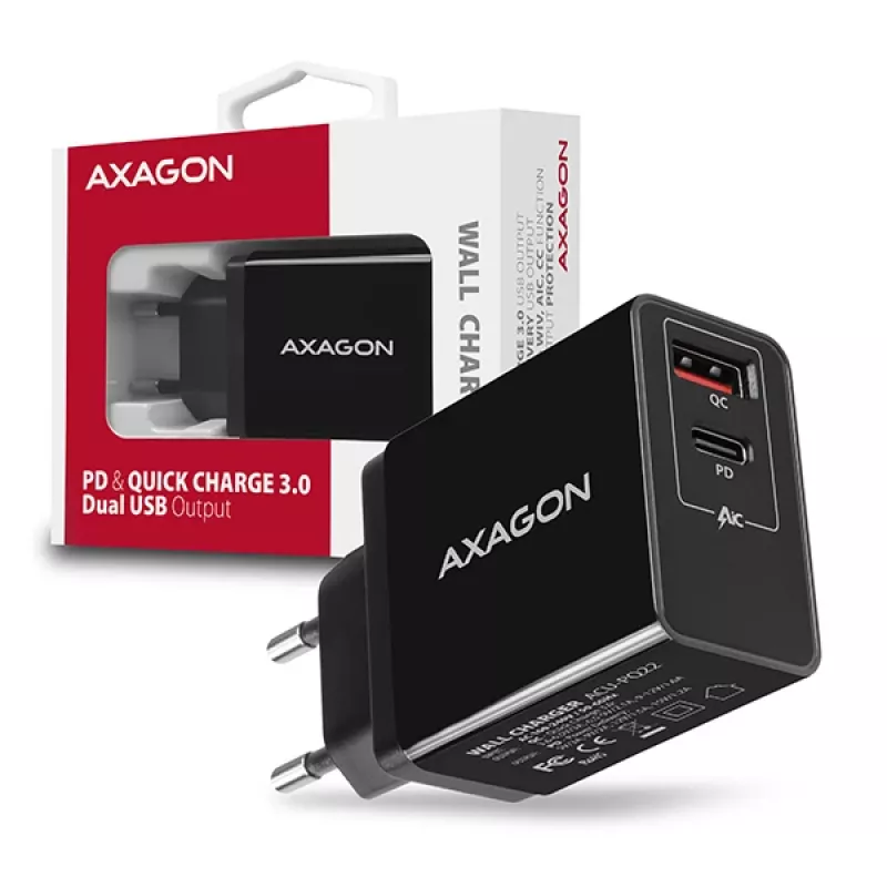 Carregador Axagon ACU-PQ22 para dispositivos móveis Telemóvel, power bank, smartphone, smartwatch, tablet, universal Preto AC carregamento rápido interior