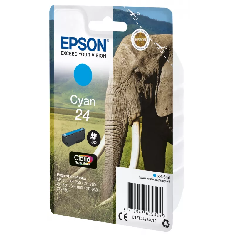 Epson Elephant Embalagem individual Ciano 24 Claria Photo HD Tinta, Ciano, 4,6 ml, 1 unid., 360 páginas