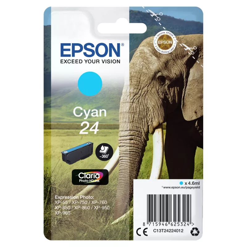 Epson Elephant Embalagem individual Ciano 24 Claria Photo HD Tinta, Ciano, 4,6 ml, 1 unid., 360 páginas