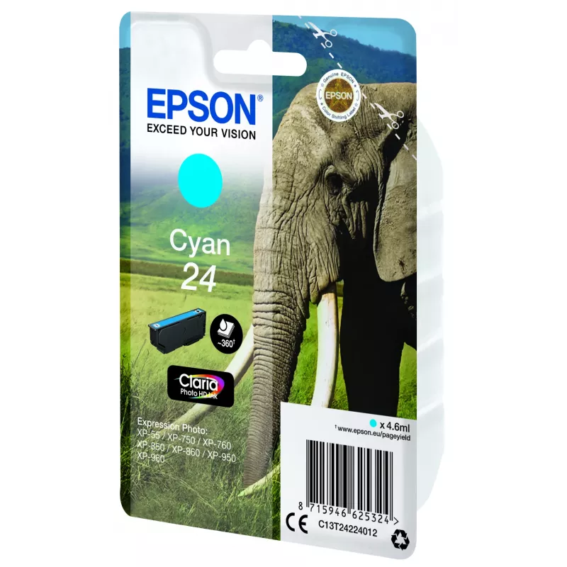 Epson Elephant Embalagem individual Ciano 24 Claria Photo HD Tinta, Ciano, 4,6 ml, 1 unid., 360 páginas