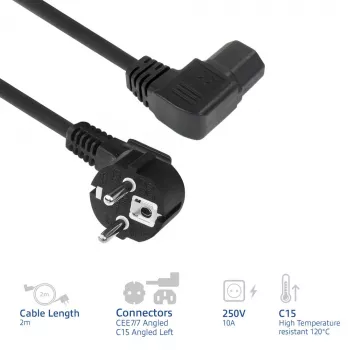 Cabo de alimentação ACT ficha CEE7/7 (angular) - C15 (angular à esquerda) IEC60320 preto 2 m