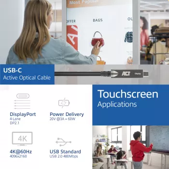 Cabo ótico ativo USB-C 3.2 Gen2 (AOC) ACT, para painéis táteis, vídeo, dados, energia, 3 m