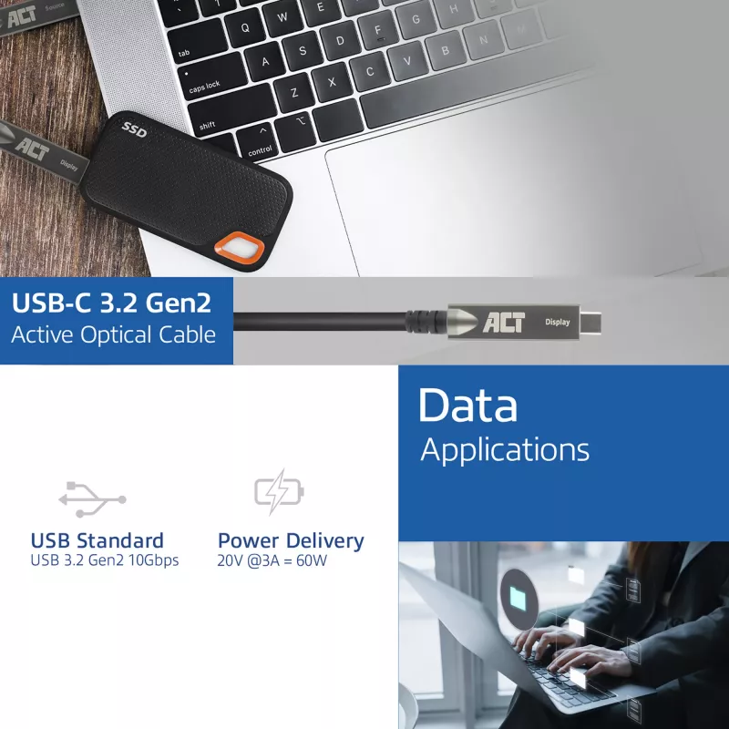 Cabo ótico ativo USB-C 3.2 Gen2 (AOC) ACT, para painéis táteis, vídeo, dados, energia, 7,5 m
