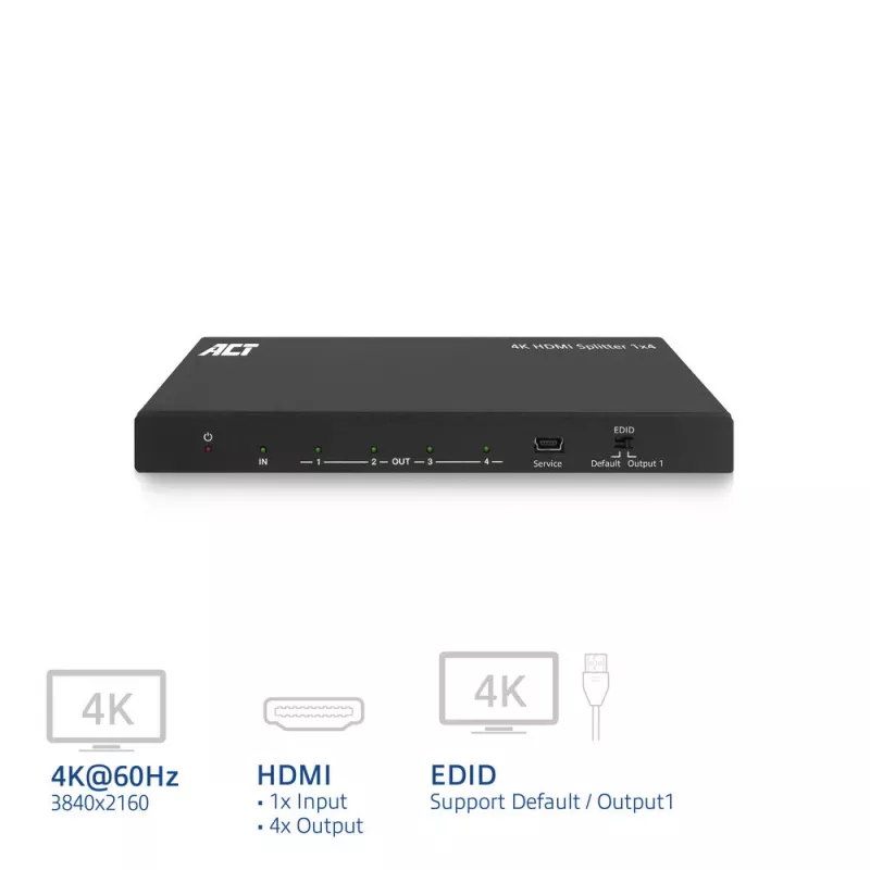 Splitter HDMI 4K ACT, 1 para 4, suporte EDID, HDMI, 4x HDMI, 3840 x 2160 píxeis, preto, 4K Ultra HD, 10,2 Gbit/s