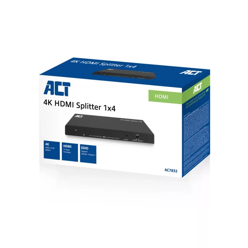 Splitter HDMI 4K ACT, 1 para 4, suporte EDID, HDMI, 4x HDMI, 3840 x 2160 píxeis, preto, 4K Ultra HD, 10,2 Gbit/s