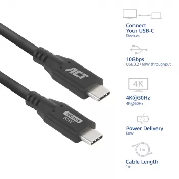 Cabo USB 3.0 10Gbps 60W USB Type-C ACT, 1 metro, 1 m, USB C, USB C, USB 3.2 Gen 2 (3.1 Gen 2), 10 Gbit/s, preto