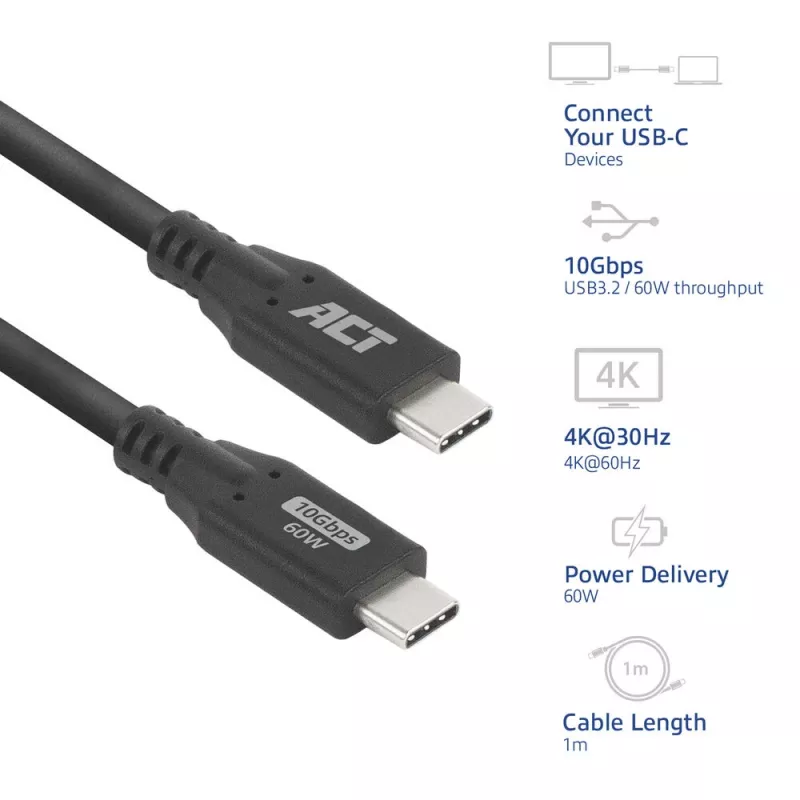Cabo USB 3.0 10Gbps 60W USB Type-C ACT, 1 metro, 1 m, USB C, USB C, USB 3.2 Gen 2 (3.1 Gen 2), 10 Gbit/s, preto