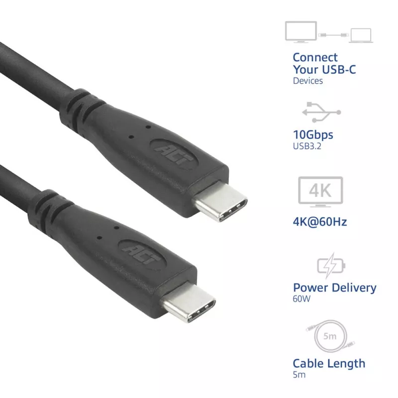 Cabo USB ACT AC7445 USB 3.2 Gen 2 (3.1 Gen 2) 5 m USB C 10 Gbit/s 60 W preto