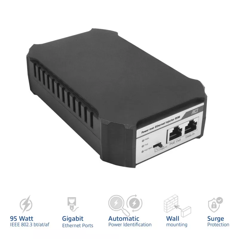 Injetor PoE ACT 95W IEEE 802.3bt, Gigabit Ethernet, 1000 Mbit/s, 10/100/1000, PoE++ (4PPoE), IEEE 802.3af, IEEE 802.3at, IEEE 802.3bt, Cat6a