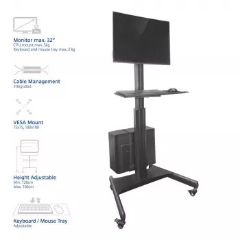 Estação de trabalho móvel ACT para um monitor, com suporte para CPU, apoio para teclado e rato