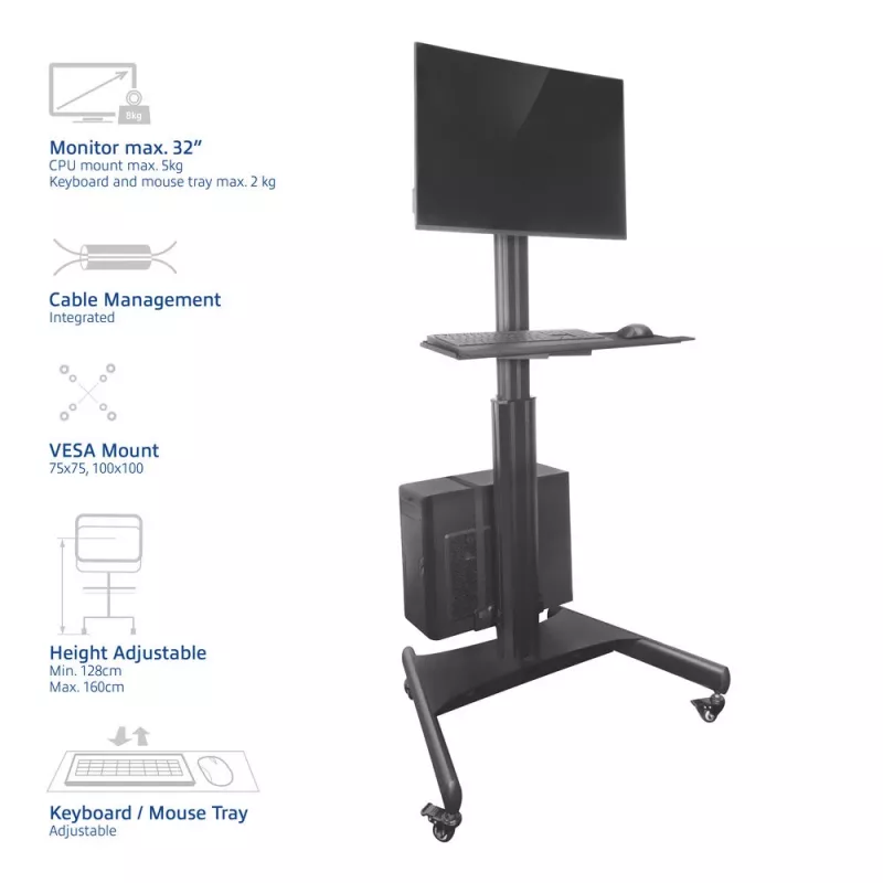 Estação de trabalho móvel ACT para um monitor, com suporte para CPU, apoio para teclado e rato
