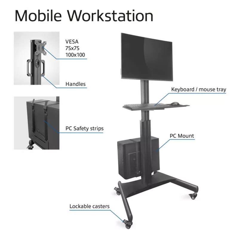 Estação de trabalho móvel ACT para um monitor, com suporte para CPU, apoio para teclado e rato