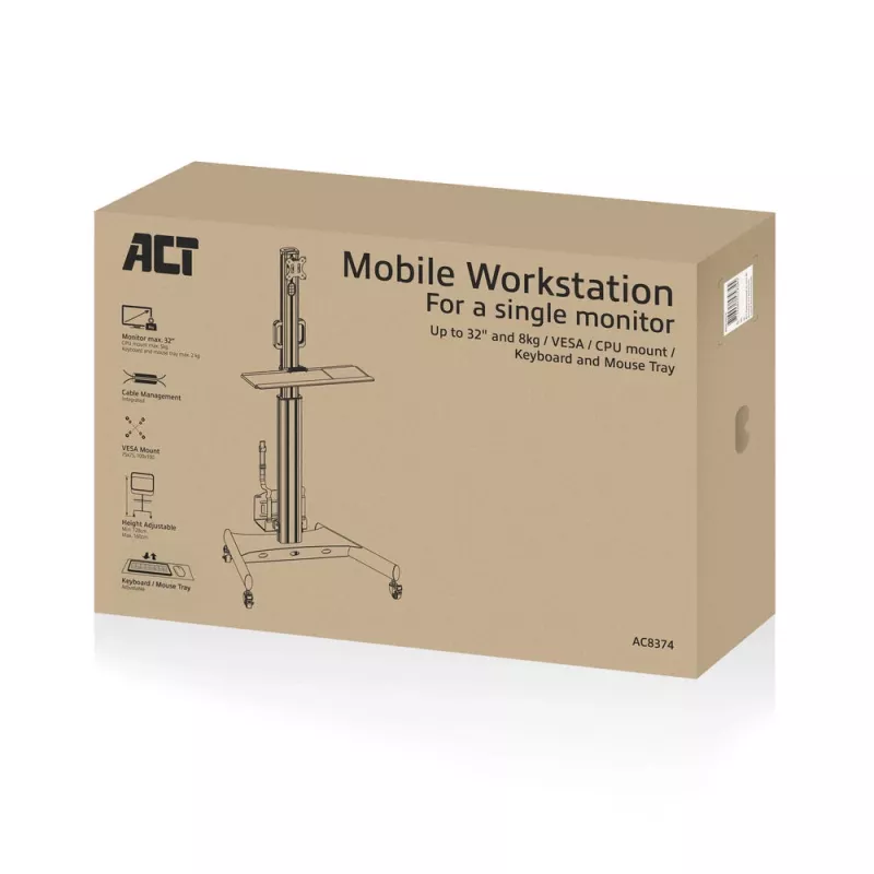 Estação de trabalho móvel ACT para um monitor, com suporte para CPU, apoio para teclado e rato