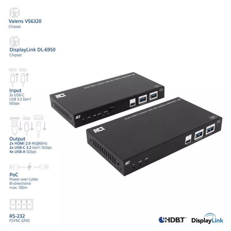 Conjunto extensor de média AV ACT com switch USB-C duplo, CAT6A, 100 metros