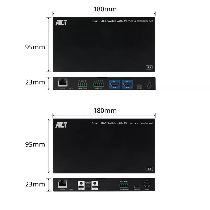 Conjunto extensor de média AV ACT com switch USB-C duplo, CAT6A, 100 metros