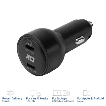 Carregador de automóvel USB-C de 2 portas com carregamento rápido 95W ACT com Power Delivery PPS, Quick Charge e GaNFast