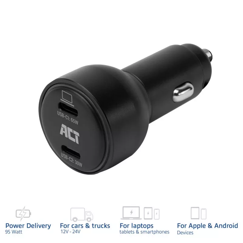 Carregador de automóvel USB-C de 2 portas com carregamento rápido 95W ACT com Power Delivery PPS, Quick Charge e GaNFast