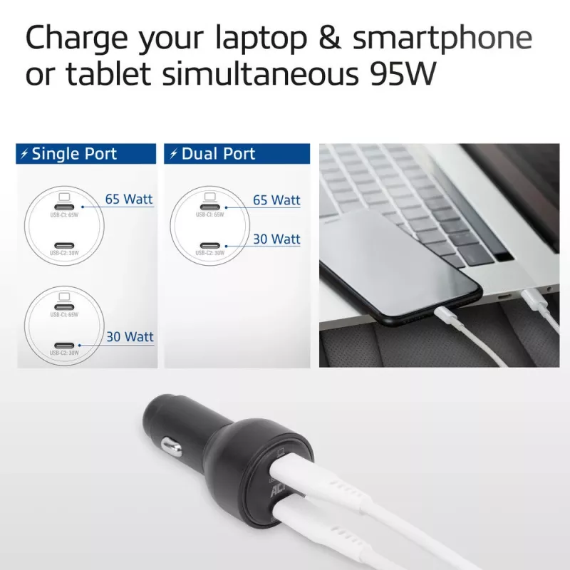 Carregador de automóvel USB-C de 2 portas com carregamento rápido 95W ACT com Power Delivery PPS, Quick Charge e GaNFast