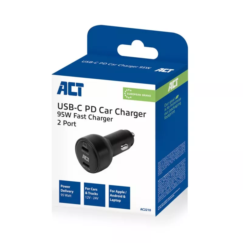 Carregador de automóvel USB-C de 2 portas com carregamento rápido 95W ACT com Power Delivery PPS, Quick Charge e GaNFast