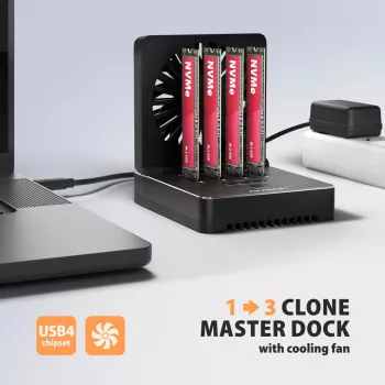AXAGON ADSA-M2C44 USB4 40Gbps Estação de Ancoragem M.2 NVMe SSD de 4 Baías com Função de Clonagem Offline, Alumínio, Arrefecimento Ativo