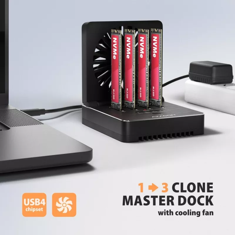 AXAGON ADSA-M2C44 USB4 40Gbps Estação de Ancoragem M.2 NVMe SSD de 4 Baías com Função de Clonagem Offline, Alumínio, Arrefecimento Ativo