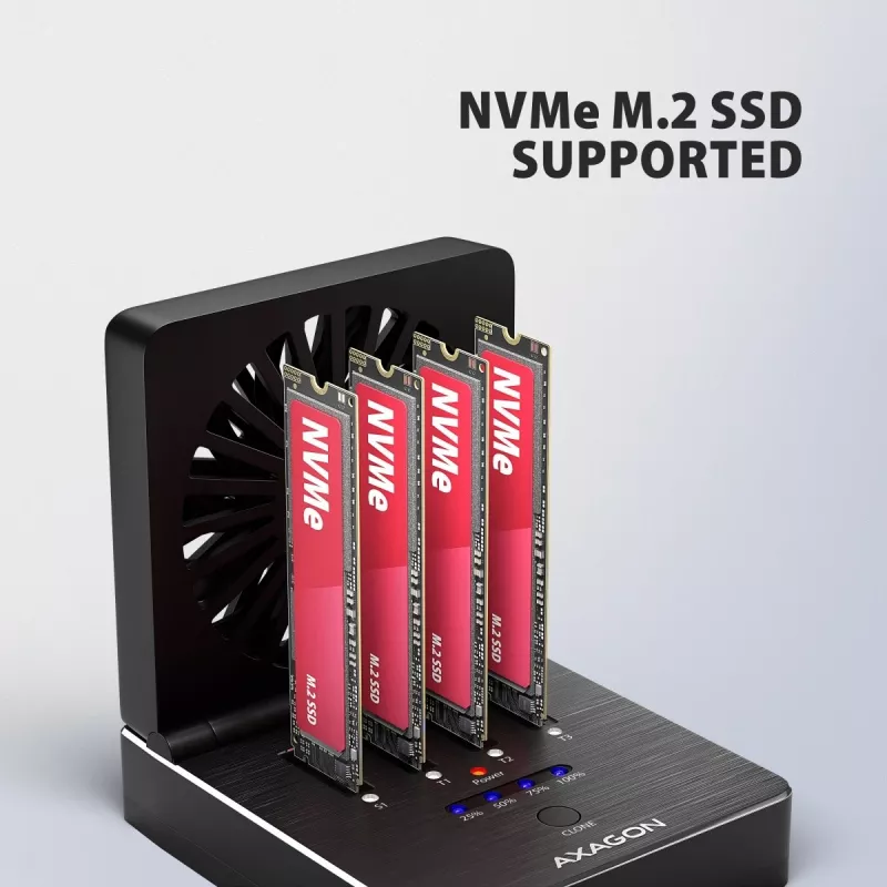 AXAGON ADSA-M2C44 USB4 40Gbps Estação de Ancoragem M.2 NVMe SSD de 4 Baías com Função de Clonagem Offline, Alumínio, Arrefecimento Ativo