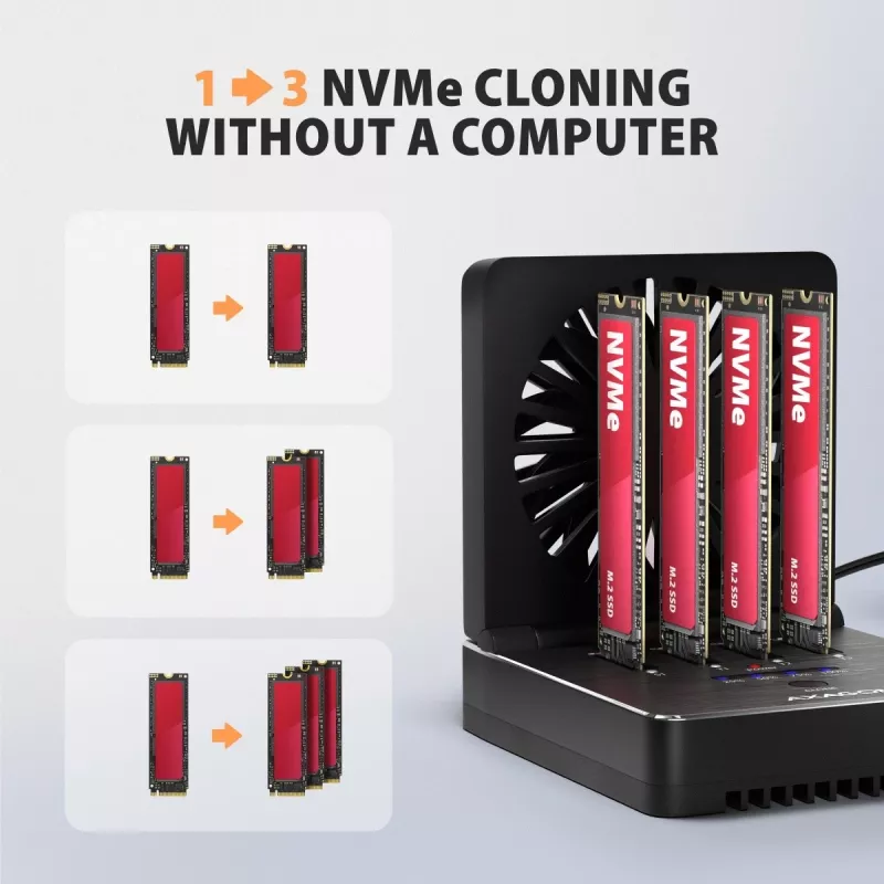 AXAGON ADSA-M2C44 USB4 40Gbps Estação de Ancoragem M.2 NVMe SSD de 4 Baías com Função de Clonagem Offline, Alumínio, Arrefecimento Ativo
