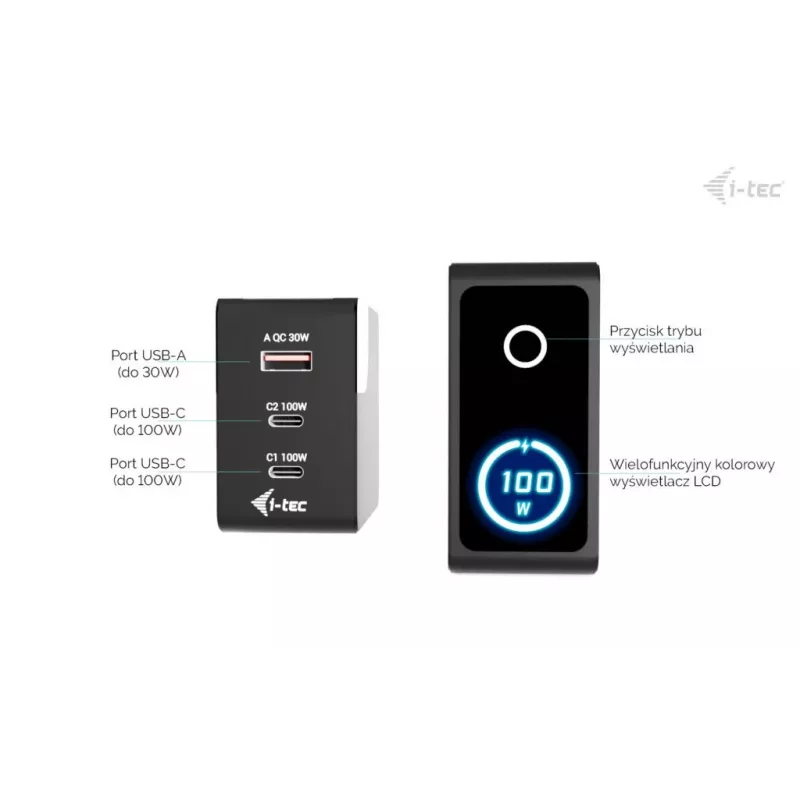 Carregador USB Multiporta Inteligente i-tec 100W 2x USB-C + 1x USB-A LCD CHARGER-INTG100W