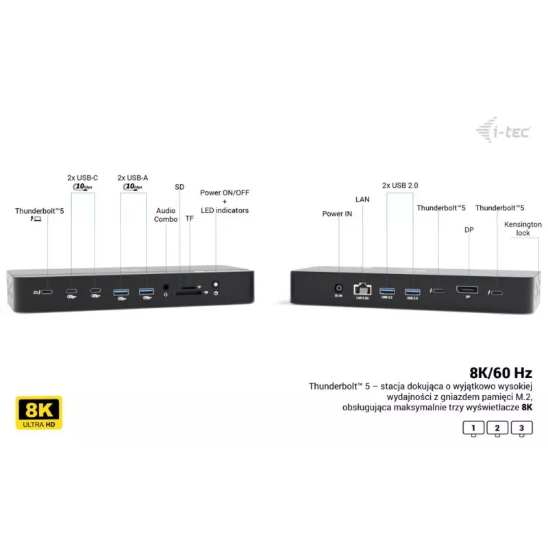 Estação de Acoplamento i-tec TB5 Triple Display, 2x Thunderbolt 5, DP 2.1, 6x USB, slot M.2 NVMe, 2,5G LAN, SD/microSD, Áudio, PD 140W