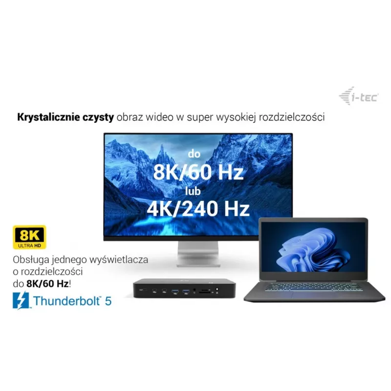 Estação de Acoplamento i-tec TB5 Triple Display, 2x Thunderbolt 5, DP 2.1, 6x USB, slot M.2 NVMe, 2,5G LAN, SD/microSD, Áudio, PD 140W