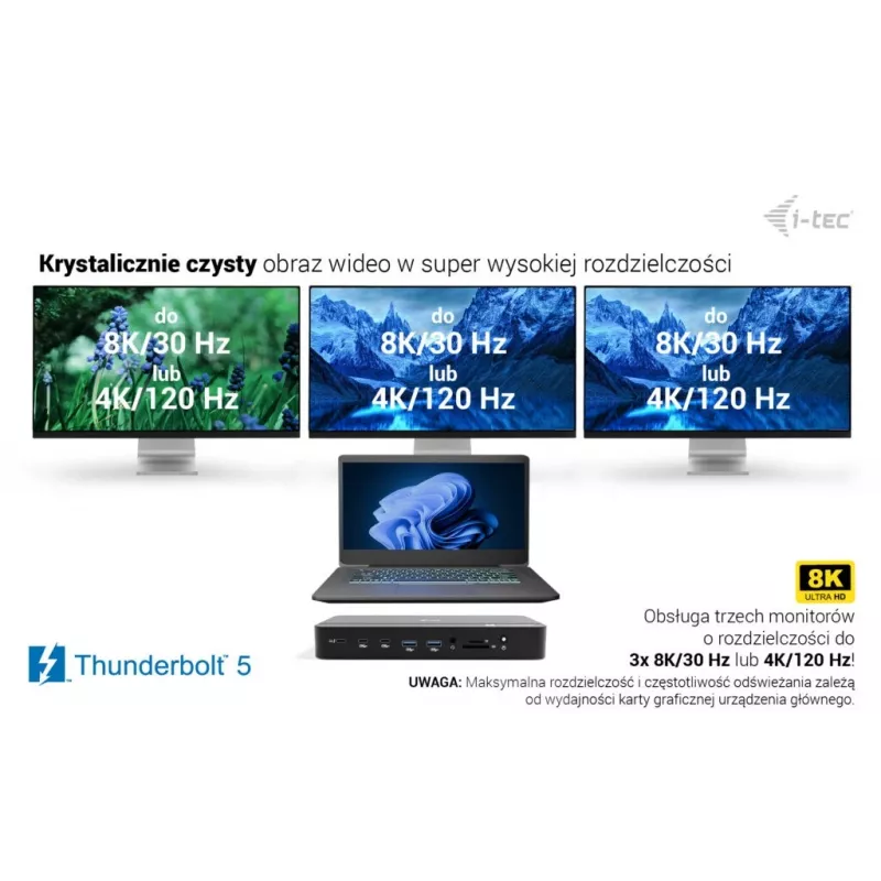 Estação de Acoplamento i-tec TB5 Triple Display, 2x Thunderbolt 5, DP 2.1, 6x USB, slot M.2 NVMe, 2,5G LAN, SD/microSD, Áudio, PD 140W