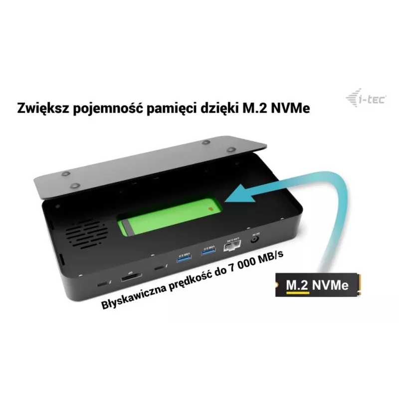 Estação de Acoplamento i-tec TB5 Triple Display, 2x Thunderbolt 5, DP 2.1, 6x USB, slot M.2 NVMe, 2,5G LAN, SD/microSD, Áudio, PD 140W