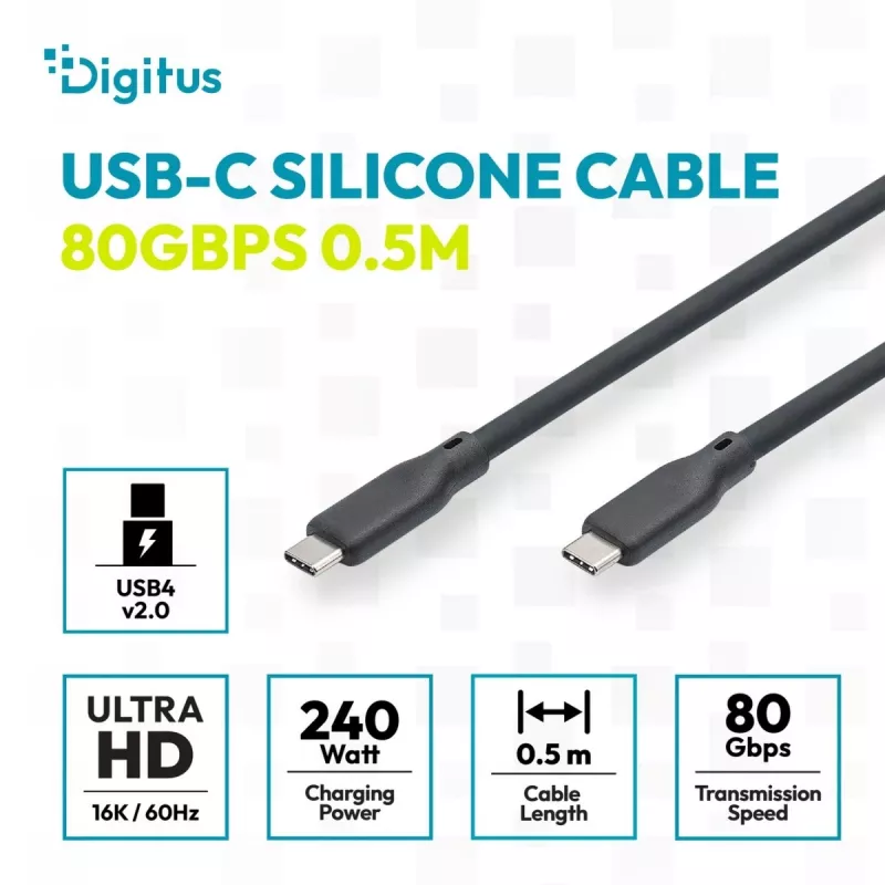 Cabo de Silicone DIGITUS USB4 Versão 2.0 USB-C para USB-C 80Gbps 240W 16K 0,5m Preto AK-300350-005-S