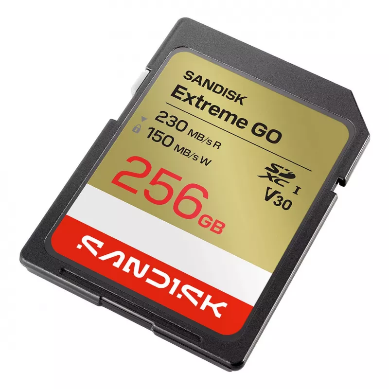 SanDisk Extreme GO Cartão de Memória SD UHS-I 256GB, 230MB/s Leitura / 150MB/s Escrita, V30 U3 4K UHD