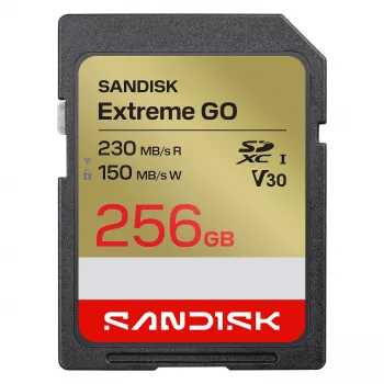 SanDisk Extreme GO Cartão de Memória SD UHS-I 256GB, 230MB/s Leitura / 150MB/s Escrita, V30 U3 4K UHD