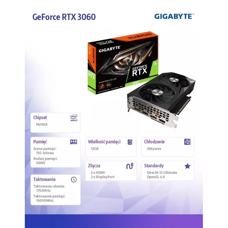 Gigabyte GeForce RTX 3060 WINDFORCE OC 12G (rev. 2.0) NVIDIA 12 GB GDDR6 placa gráfica GV-N3060WF2OC-12GD2.0
