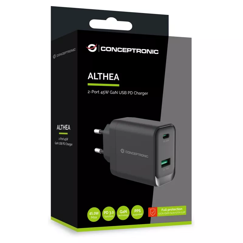 Conceptronic ALTHEA20B45 carregador de parede GaN 45W USB-C PD e USB-A QC 3.0 de duas portas preto