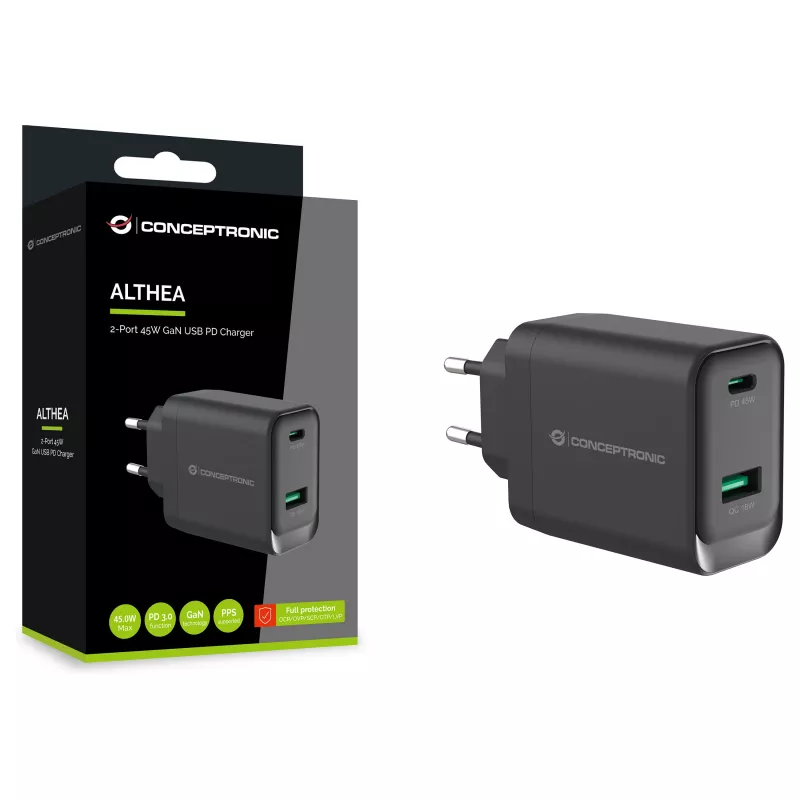 Conceptronic ALTHEA20B45 carregador de parede GaN 45W USB-C PD e USB-A QC 3.0 de duas portas preto