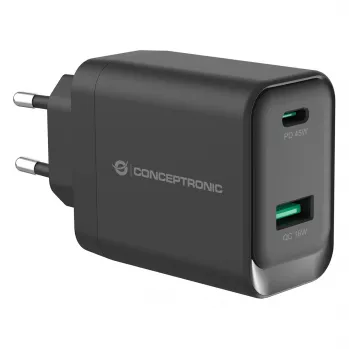 Conceptronic ALTHEA20B45 carregador de parede GaN 45W USB-C PD e USB-A QC 3.0 de duas portas preto