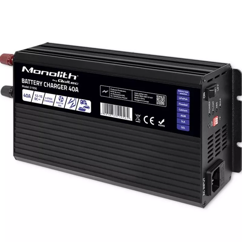 Qoltec Intelligent Professional Carregador de Baterias Monolith para Baterias LiFePO4 AGM GEL SLA | 40A | 12V