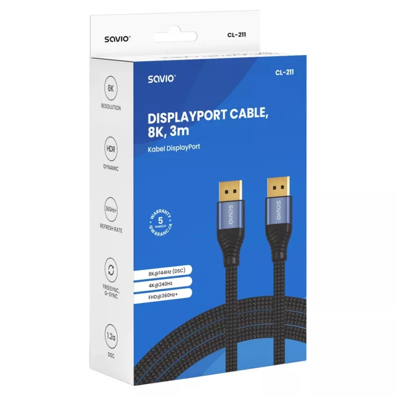 Cabo SAVIO CL-211 DisplayPort 2.1 3m Preto