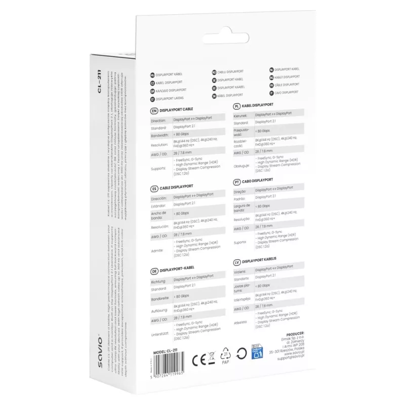 Cabo SAVIO CL-211 DisplayPort 2.1 3m Preto