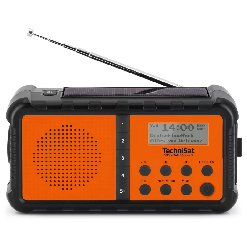 TechniSat TechniRadio Solar 2 Rádio portátil DAB+/FM com painel solar e manivela, Preto/Laranja