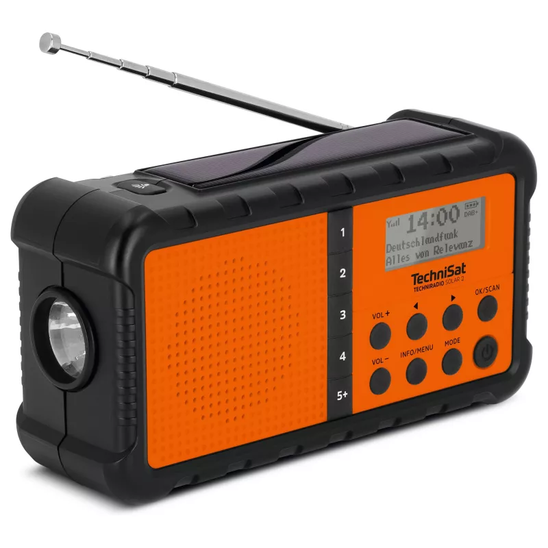 TechniSat TechniRadio Solar 2 Rádio portátil DAB+/FM com painel solar e manivela, Preto/Laranja
