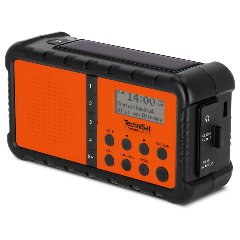 TechniSat TechniRadio Solar 2 Rádio portátil DAB+/FM com painel solar e manivela, Preto/Laranja