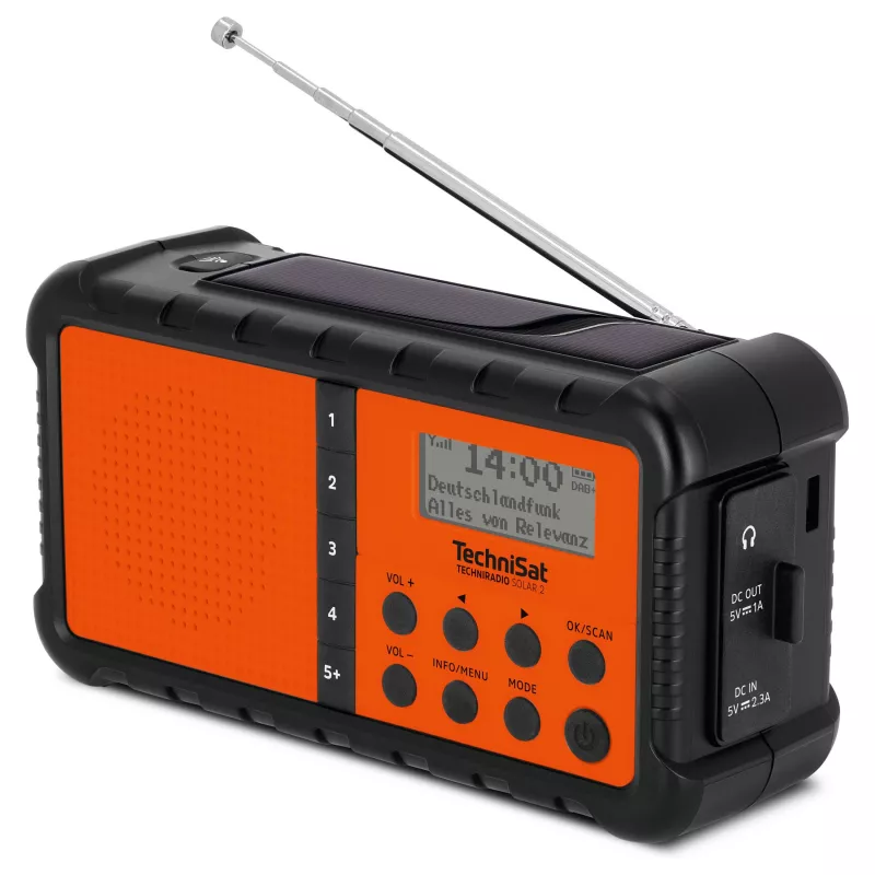 TechniSat TechniRadio Solar 2 Rádio portátil DAB+/FM com painel solar e manivela, Preto/Laranja
