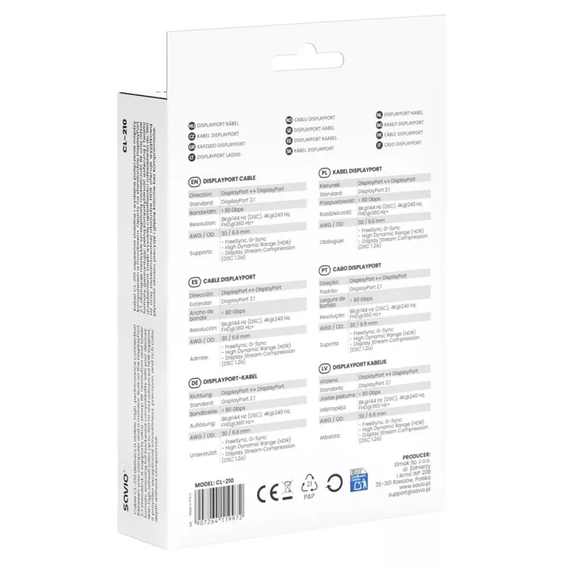 SAVIO CL-210 Cabo DisplayPort 2.1 2m Preto