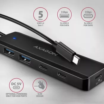 AXAGON HUE-C2C Hub de Viagem USB-C 5 Gbps, 2x USB-A + 2x USB-C, USB-C Power IN, Cabo 19 cm